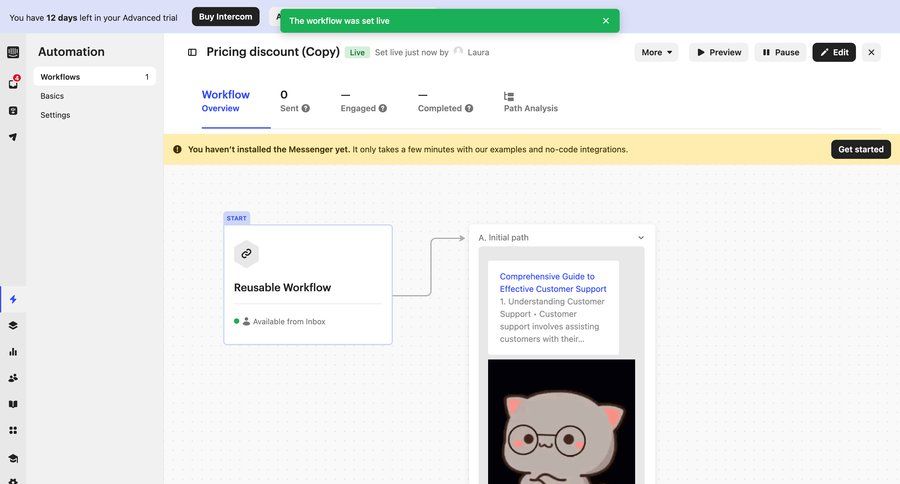 Intercom
			 configuration sidebar navigation workflow automation workflow management workflow builder customer engagement workflow screen sidebar setup monitoring ui page example