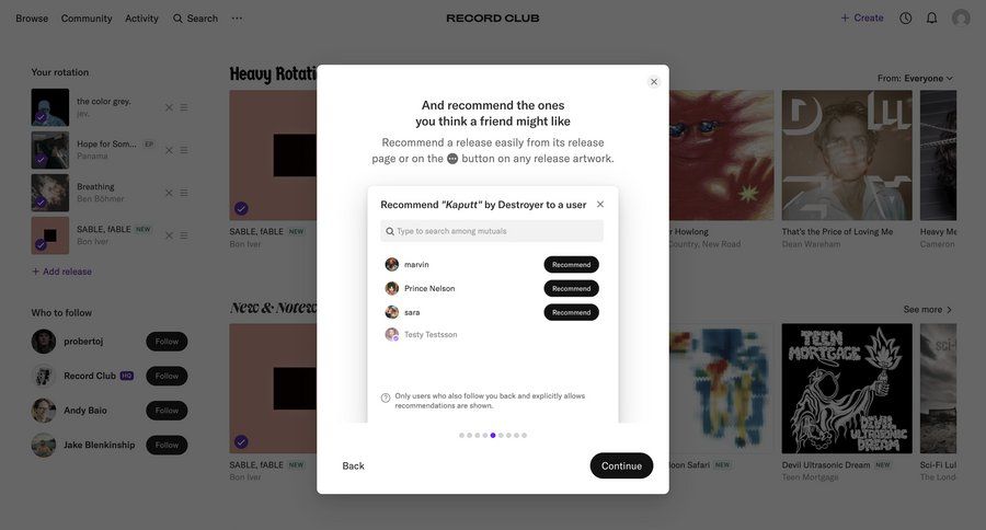 Record club
			 modal screen content sharing user setup on boarding suggestion sharing ui page example