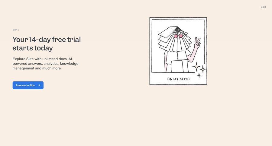 Slite
			 onboarding content hierarchy free trial ui page example