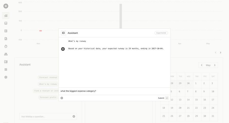 Midday
			 dashboard onboarding finance data analysis task completion data visualization chatbot analytics ui page example