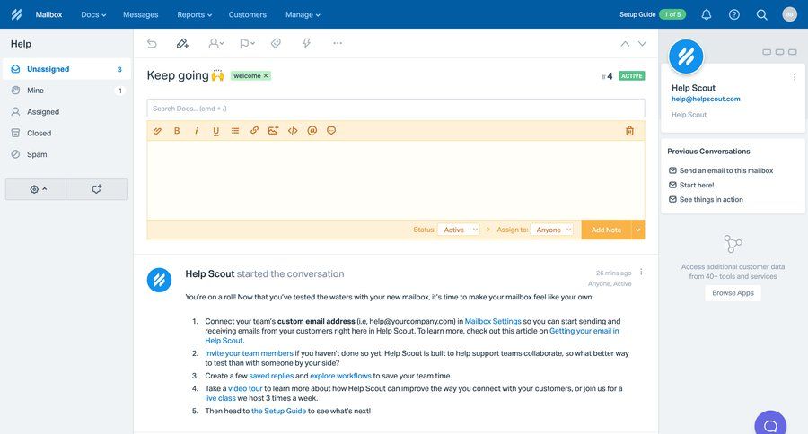 Help Scout
			 team collaboration sidebar navigation onboarding email management content hierarchy dropdown filters wysiwyg sidebar setup menu customer support chat customer support help desk ui page example