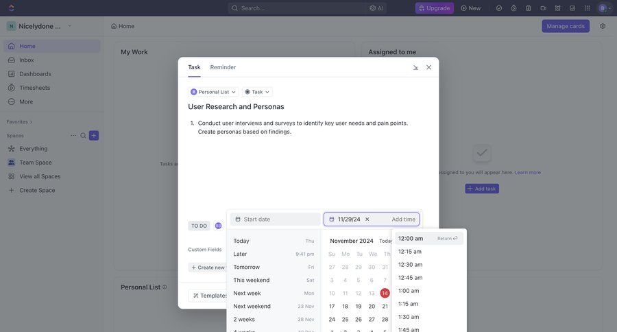 ClickUp
			 task management project management form date picker time picker timeline ui time management ui page example