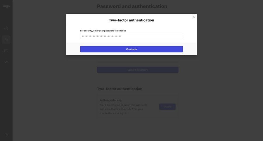 Lingo
			settings multi-factor authentication (mfa) account settings security settings configuration settings form user authentication authentication security ui page example