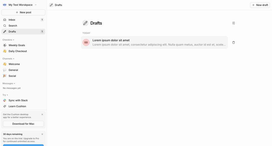 Cushion
			 content management collaboration team collaboration sidebar navigation project management workspace management trial banner call to action sidebar communication integration modern ui page example