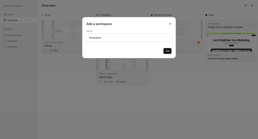 Workflow
			 dashboard project management form workspace creation sidebar ui page example