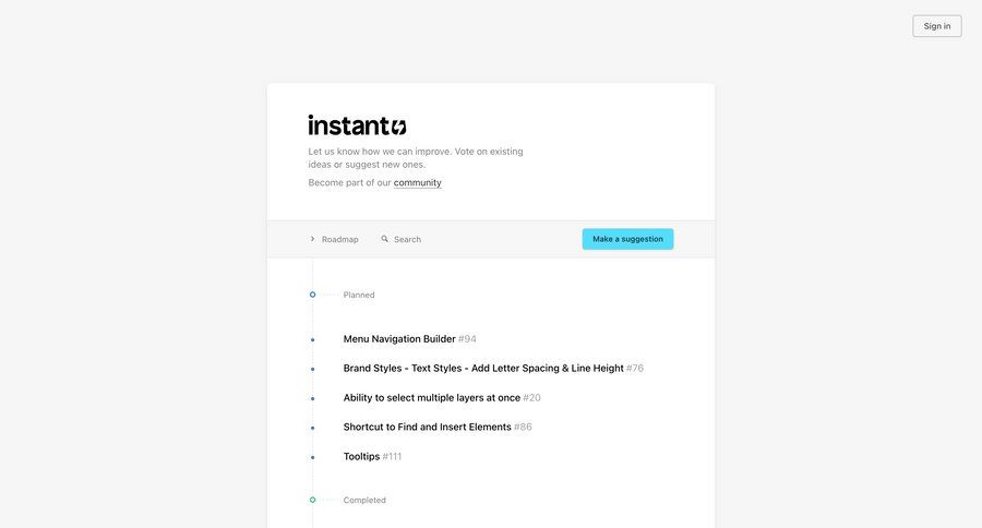 Instant
			list timeline changelog (product) color theme product update changelog update timeline ui search suggestions rich text suggestion option menu ui page example