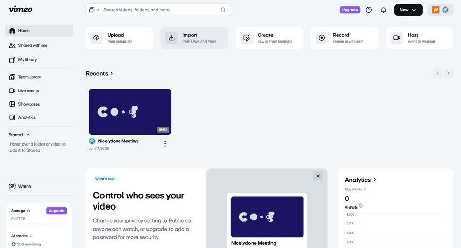 Vimeo
			 content management dashboard account management onboarding video management content sharing sidebar navigation bar menu search bar analytics ui page example