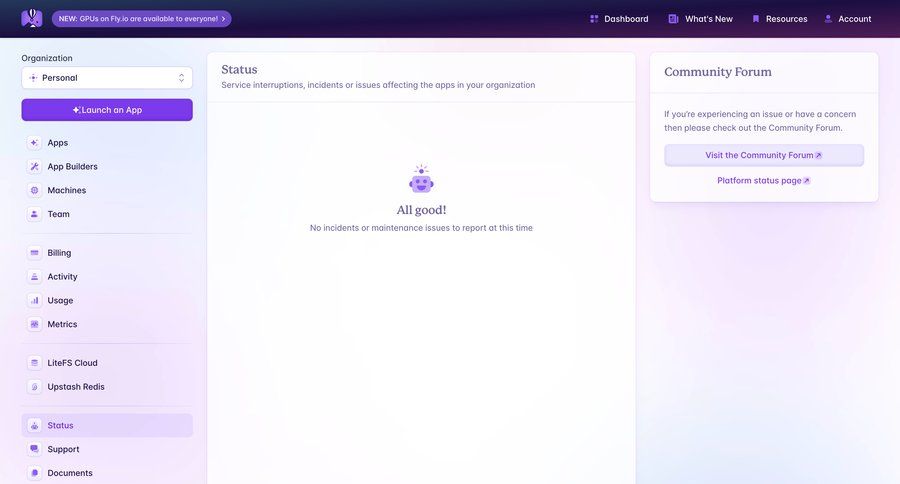 Fly
			 dashboard sidebar modern check out status page ui page example