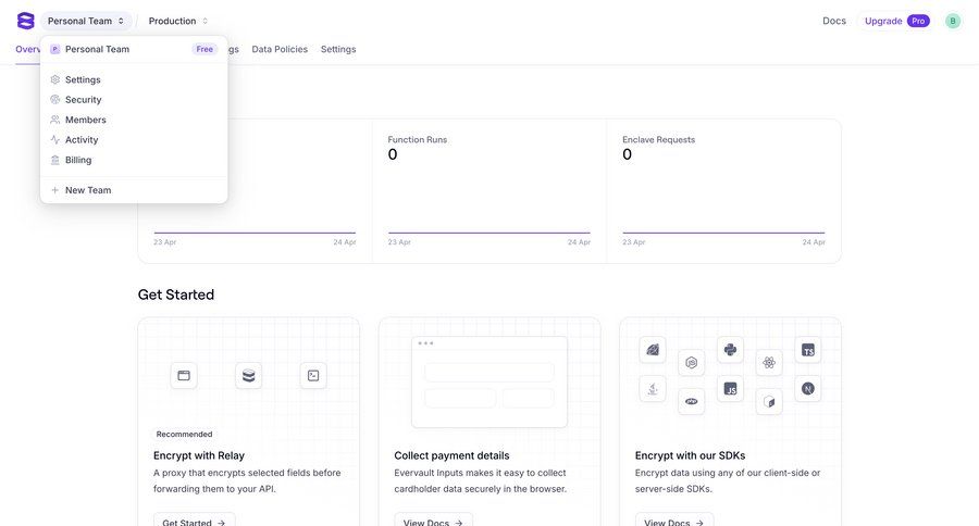 Evervault
			 configuration settings dashboard account management onboarding account settings dashboard overview tutorial security preferences parameters menu documentation cards ui version control card layout ui page example