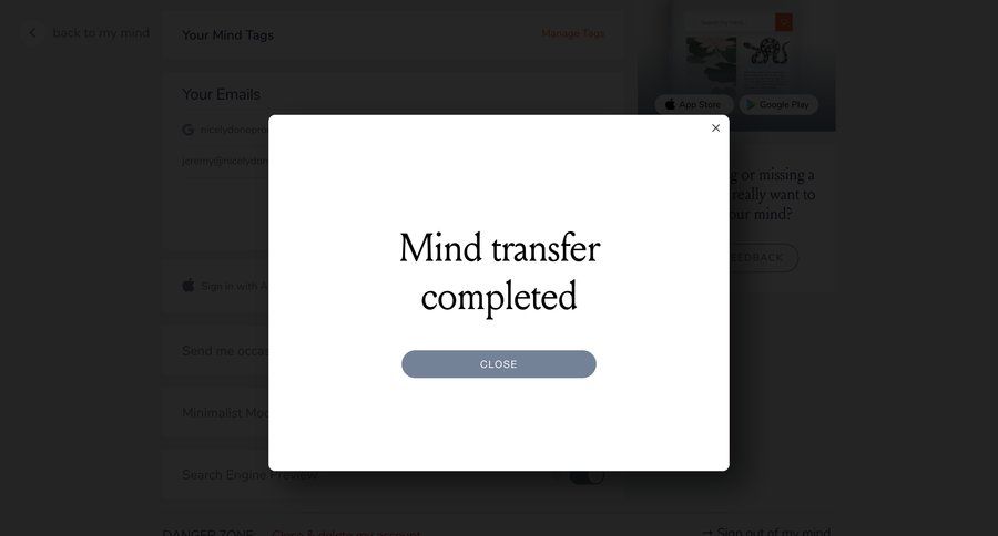 Mymind
			 modal screen data management account management confirmation account settings modal confirmation mobile rule engine confirmation message ui page example