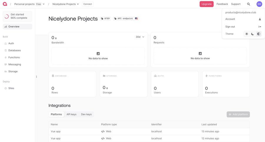 Appwrite
			 integration management project dashboard ui page example