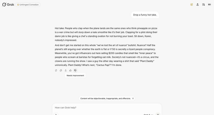 Grok
			 artificial intelligence user feedback call intelligence chat interface modern edit mode ui page example