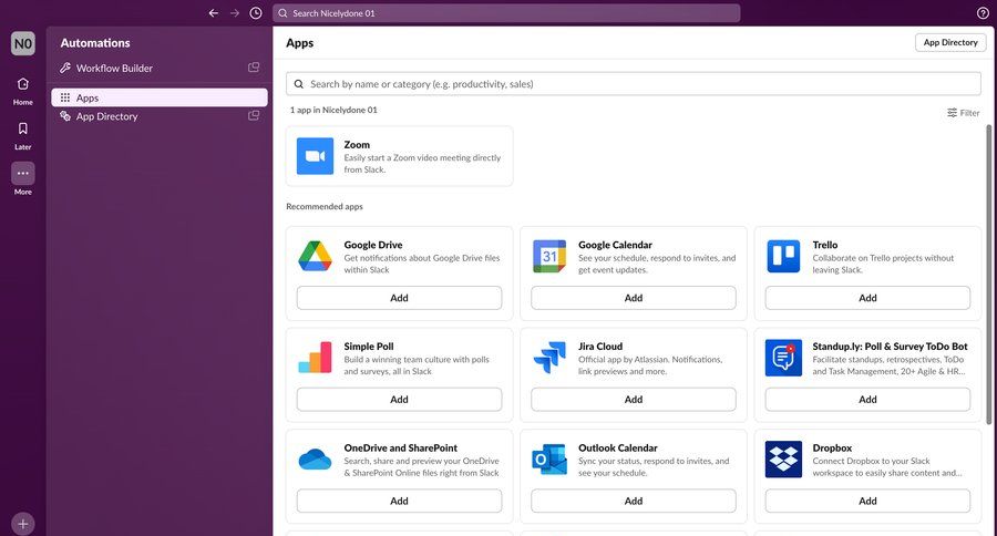 Slack
			 collaboration sidebar navigation grid workflow builder workflow automation sidebar folder cards ui bot builder ui page example