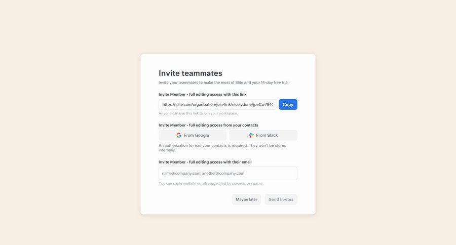 Slite
			onboarding modal & popover invite teammate collaboration ui page example