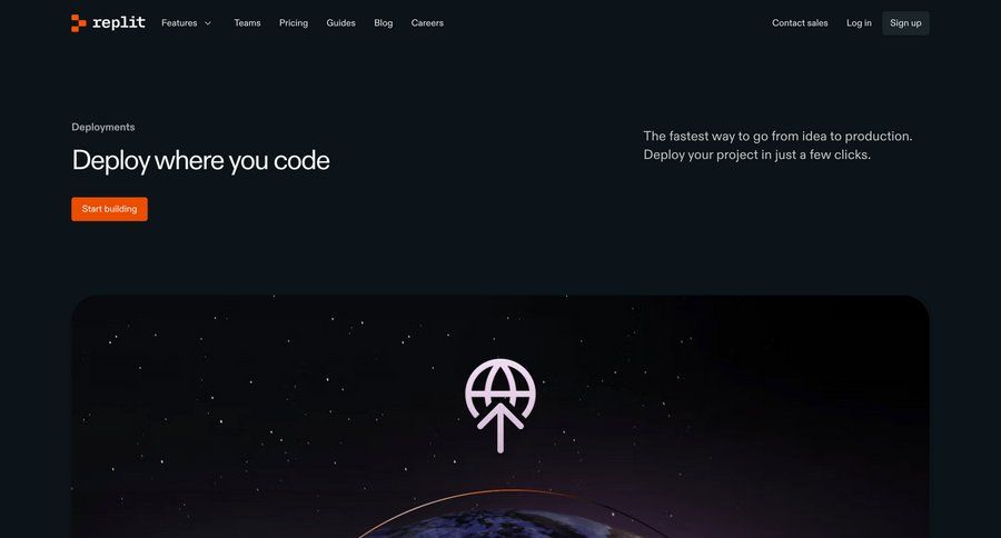 Replit
			product page feature tools deploy features alternatives ui page example