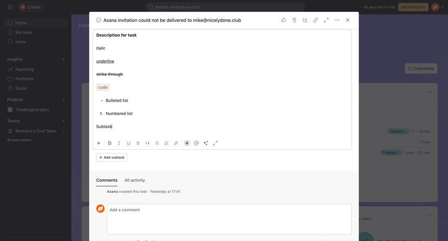 Asana
			 task management modal screen collaboration project management activity tracking product details item details menu rich text ui page example