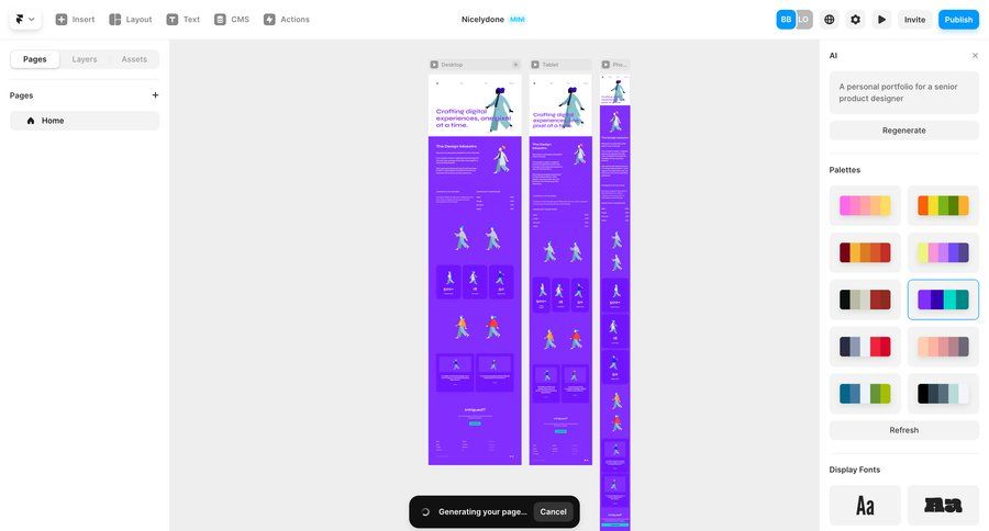 Framer
			 content management sidebar navigation editor design style customization content hierarchy color palette sidebar progress desktop mobile loading loader assets progress bar modern ui page example