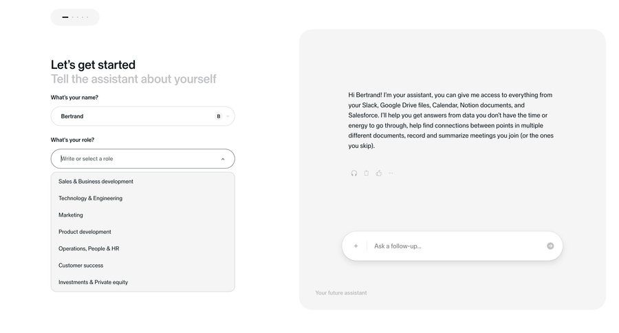 Sana
			 artificial intelligence onboarding form account setup split screen progress indicator conversational ui natural language processing conversational interface signup create new account register setup ui page example