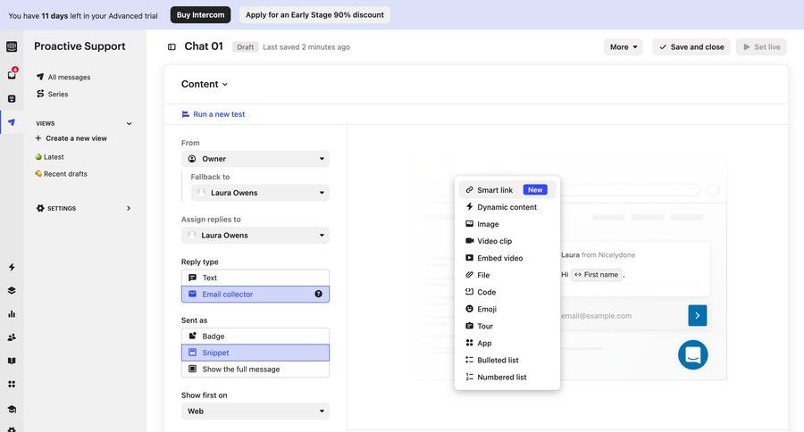 Intercom
			 content management form marketing automation video editor sidebar message chat messages menu modern customer support chat ui page example
