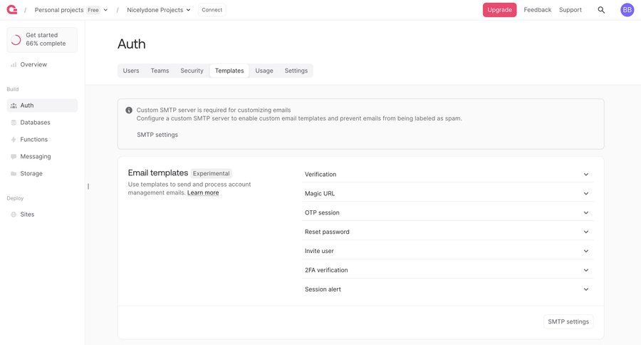 Appwrite
			settings templates account settings project dashboard ui page example
