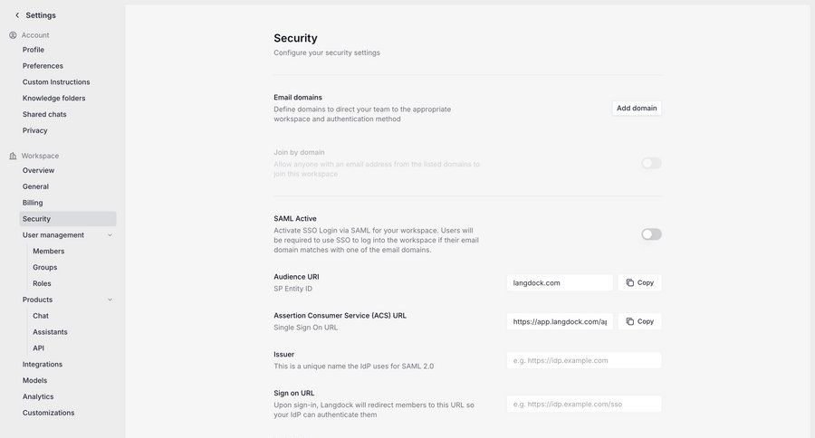 Langdock
			 configuration settings user management form authentication sidebar security setup security configuration ui page example