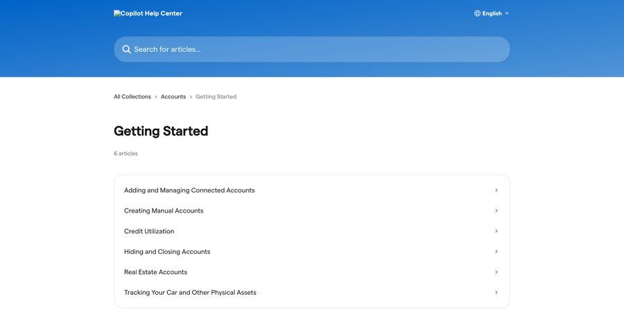 Copilot
			 account setup knowledge base customer support ui page example