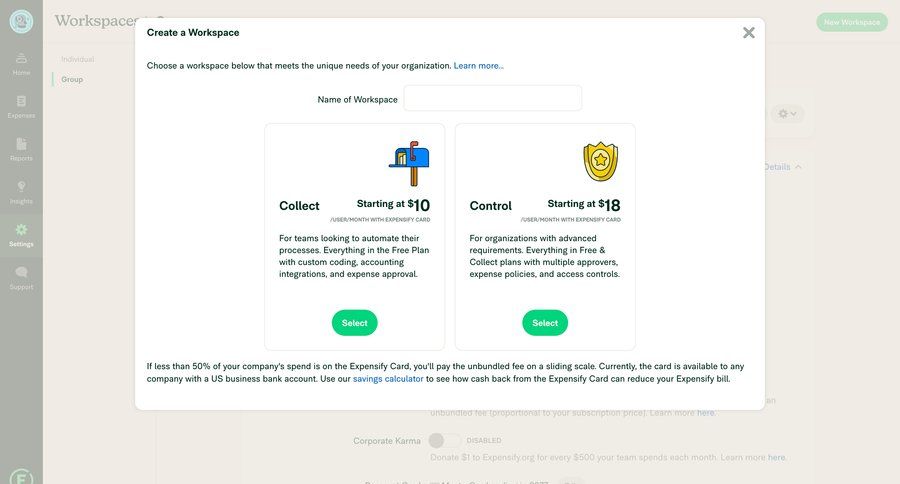 Expensify
			 form account setup finance plan comparison expense management workspace creation modal finance free plan create payment options product packages payment page payment confirmation pricing calculator ui page example