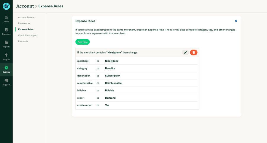 Expensify
			 sidebar preferences settings form table sidebar navigation finance account settings expense management autocomplete configuration toast notification expense automation ui page example