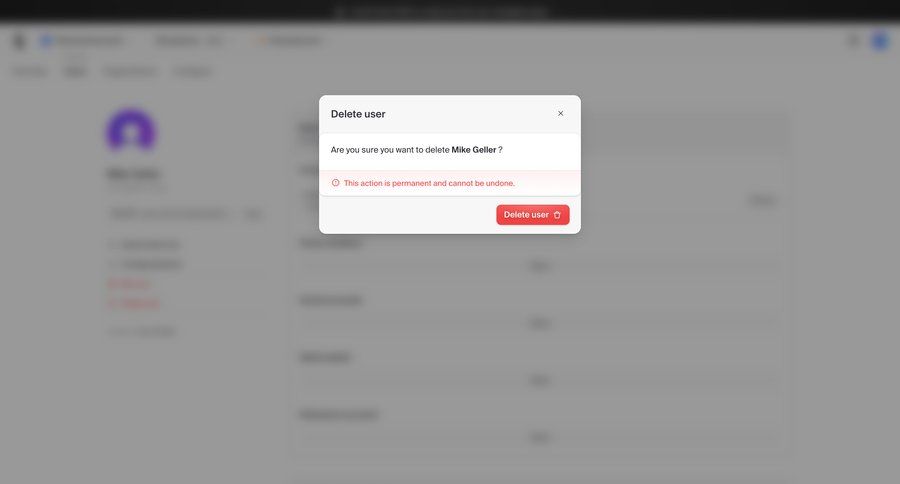 Clerk
			delete account data management user management account management confirmation user account user profile alert user user termination confirmation message ui page example