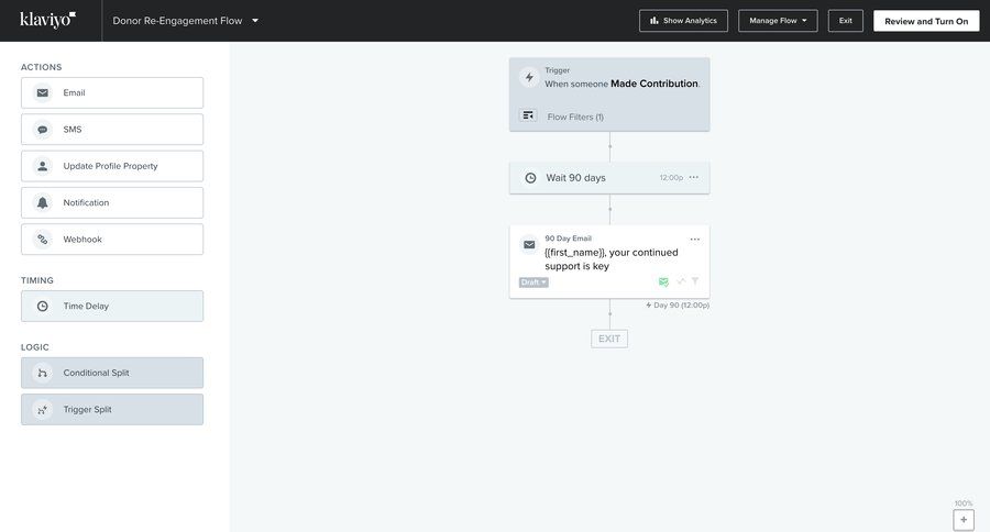Klaviyo
			 e-commerce workflow automation conditional logic marketing automation drag and drop customer engagement sidebar menu ui page example