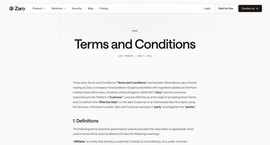 Zaro
				terms & conditions ui page example