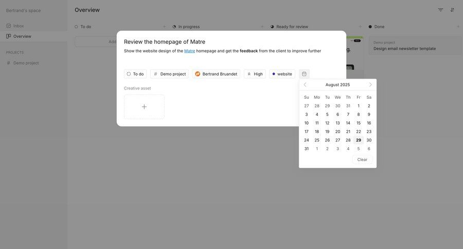 Workflow
			detail page form modal & popover task management project management date picker review ui page example
