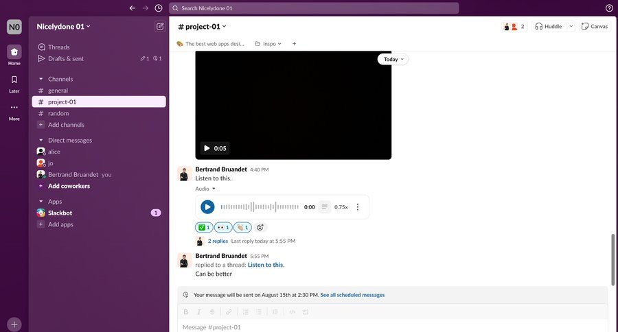 Slack
			 collaboration sidebar navigation project management hierarchical content project collaboration conversational ui sidebar message communication messages menu ui page example