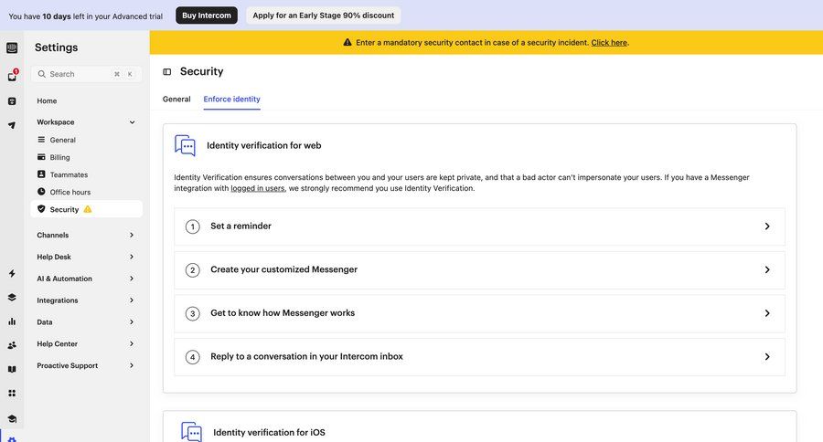 Intercom
			 configuration settings sidebar navigation navigating settings email verification sidebar security setup security configuration ui page example