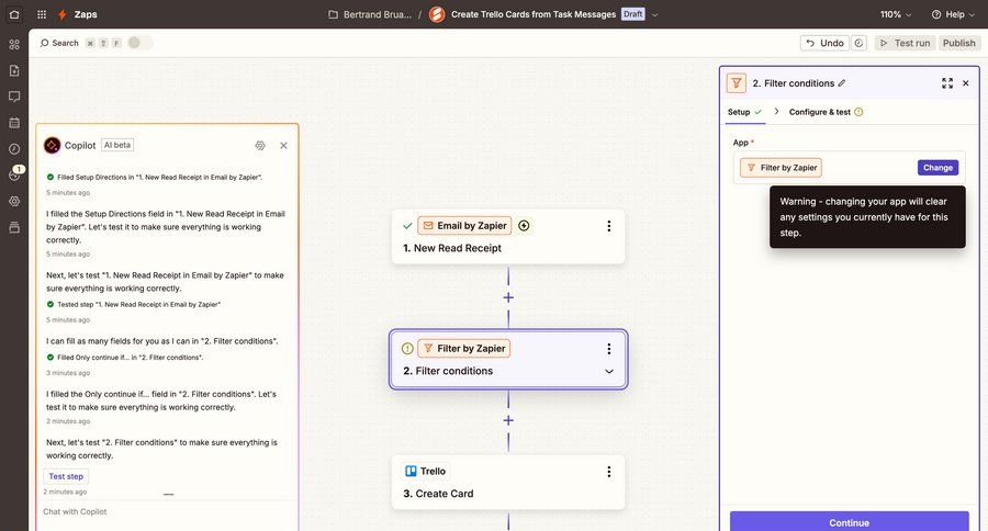 Zapier
			 configuration workflow form automation progress indicator conditional logic workflow creation workflow editor alert setup configuration screen ui page example