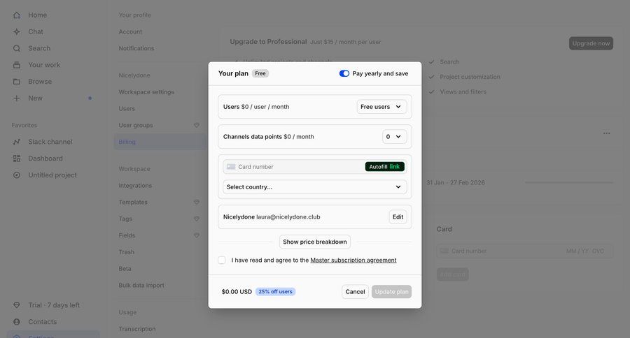 Dovetail
			 subscription management upgrade modal ui page example