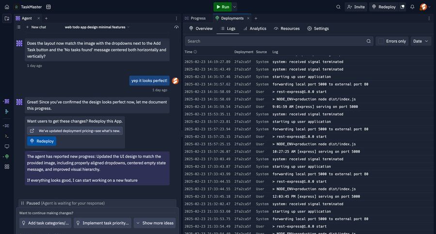Replit
			 task management dashboard grid progress indicator full-screen layout empty state illustration dashboard notification task communication sidebar communication chat messages menu monitoring date filter search bar dashboard layouts toast notification ui page example