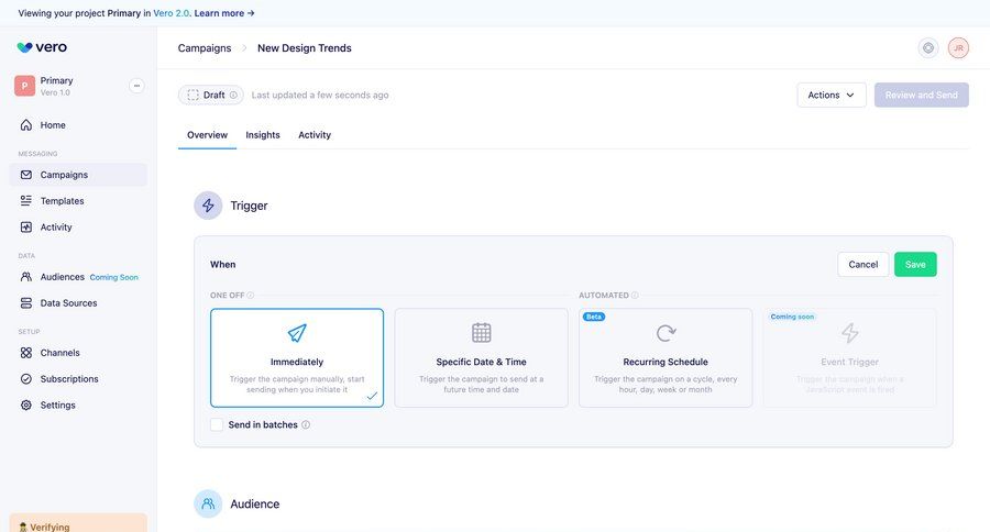 Vero
			 e-commerce sidebar navigation form marketing automation audience management template selection content blocks campaign management coming soon drag & drop alert message new modern importing data contextual help rich text campaign creation ui page example