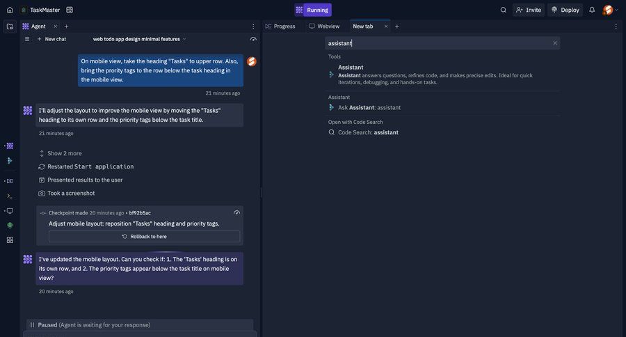 Replit
			 task management modal screen split screen feedback collection task completion code editing task communication lists menu chat interface search bar search results ui page example