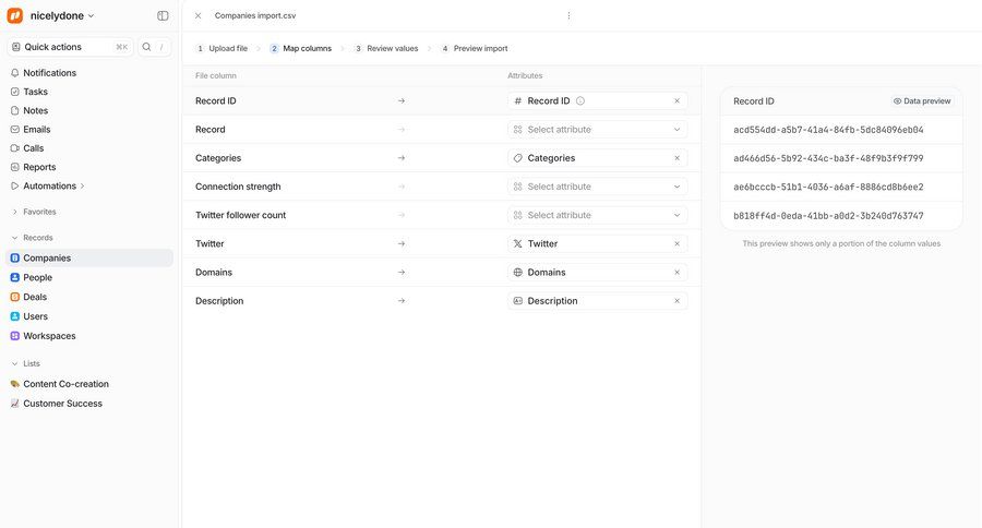 Attio
			 data mapping import wizard ui page example