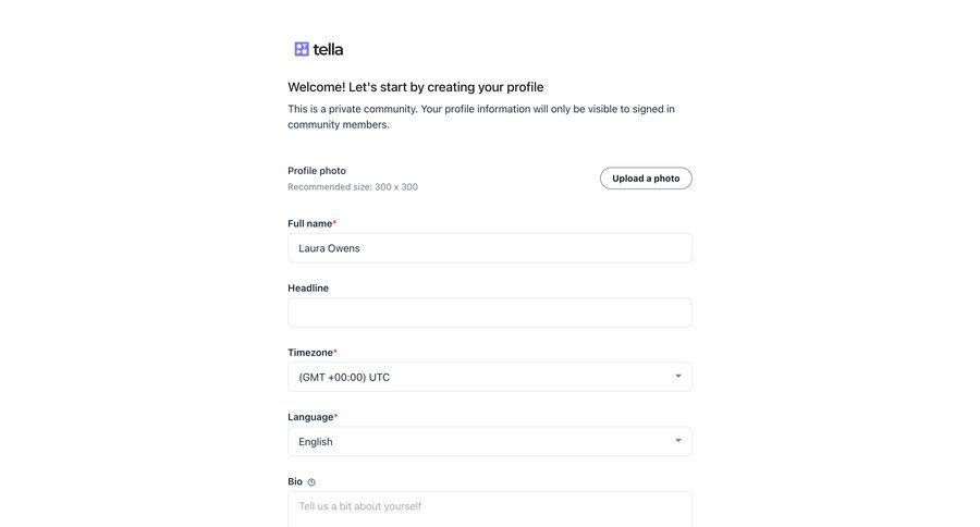 Tella
			 user management onboarding form user settings profile settings privacy settings user permissions user profile page timezone selector avatar upload permissions profile creation ui page example
