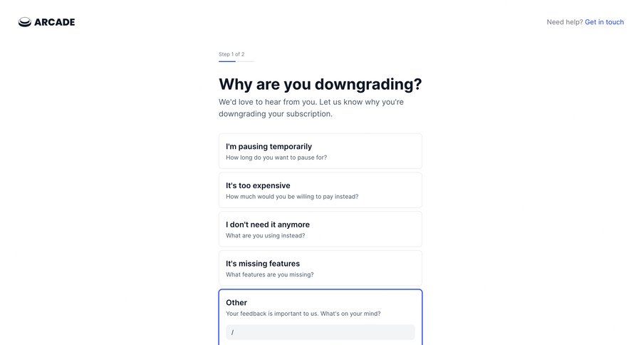 Arcade
			billing cancel subscription modal screen account management form progress indicator subscription management user feedback progress bar pay bill ui page example
