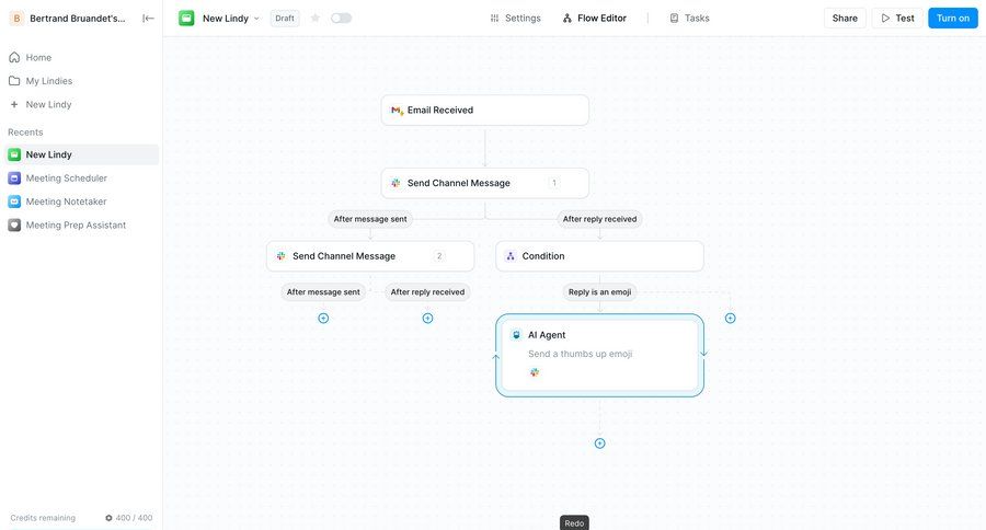 Lindy
			create content editor plans & pricing (in app) workspace settings artificial intelligence task management grid workflow automation editor workflow creation sidebar create menu ui page example