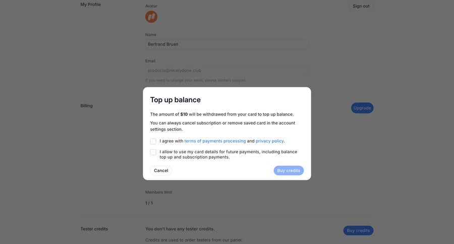 Wynde
			 settings account management form finance cancel action buy credits ui page example