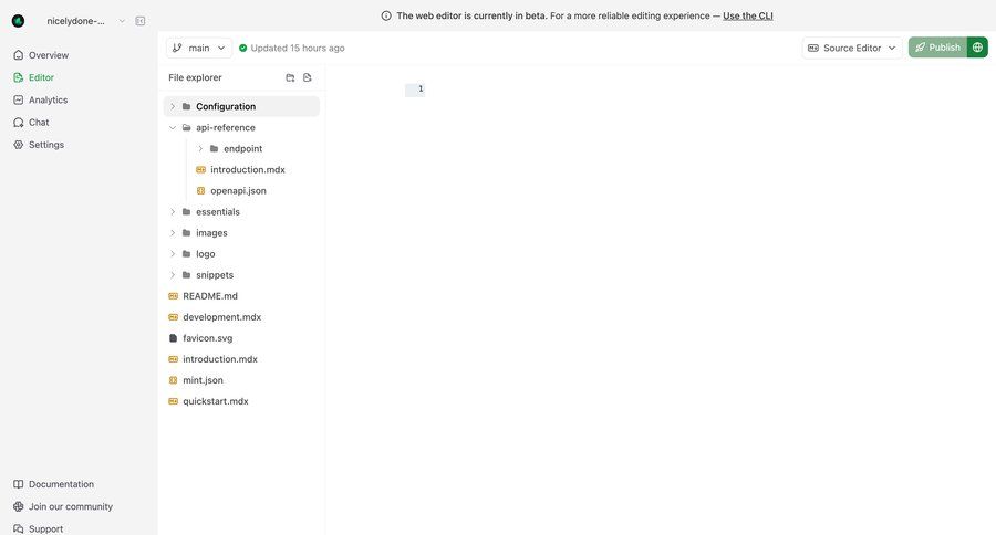 Mintlify
			 content management sidebar navigation editor project setup tree view file management code editing sidebar menu ui page example