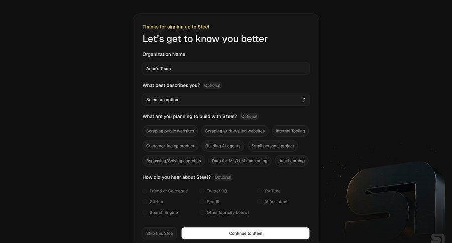 Steel
				onboarding ui page example