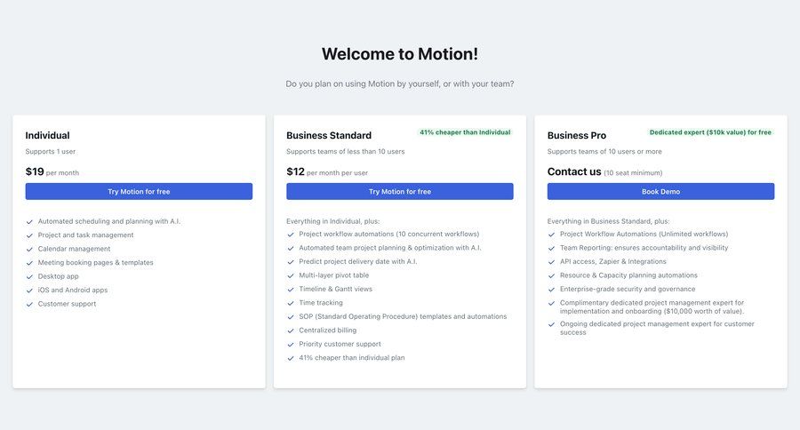 Motion
				plans & pricing page example
