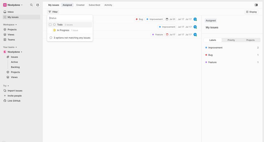 Linear
			 task management collaboration team collaboration dashboard sidebar navigation project management workflow issue tracking three-column grid sidebar menu filter options task management dashboard ui page example