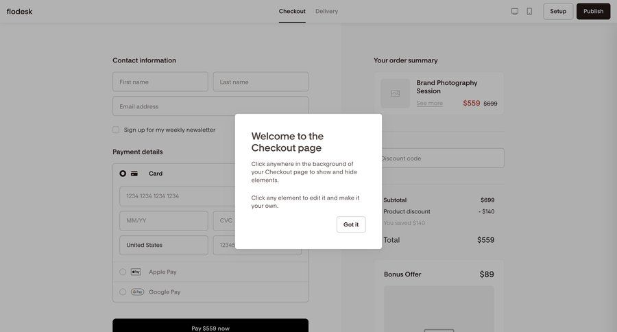 Flodesk
			checkout modal & popover e-commerce grid form pay checkout screen payment page order tracking newsletter signup summary payment processing ui page example