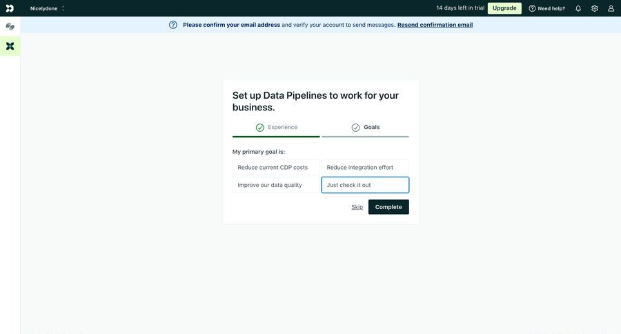Customer.io
			 modal screen data management onboarding form account setup data analytics tutorial setup progress guided tour progress bar email confirmation ui page example